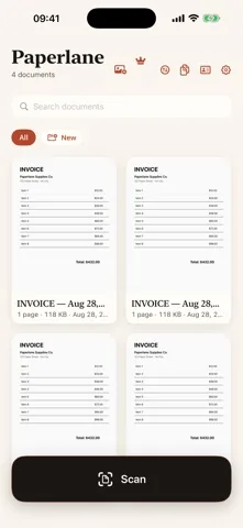 Paperlane library grid with scanned invoices, a search field, and a Scan button