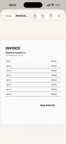 A scanned invoice open in the Paperlane PDF viewer with share, rotate and page tools