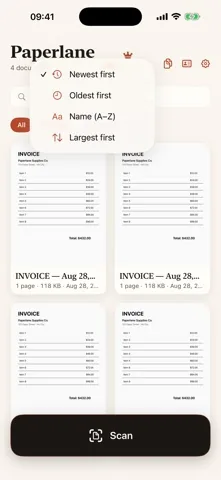 The Paperlane sort menu, offering newest first, oldest first, name and largest first