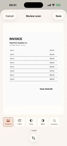 The Paperlane review screen with page modes Original, Color, Gray, black and white, and Sharpen